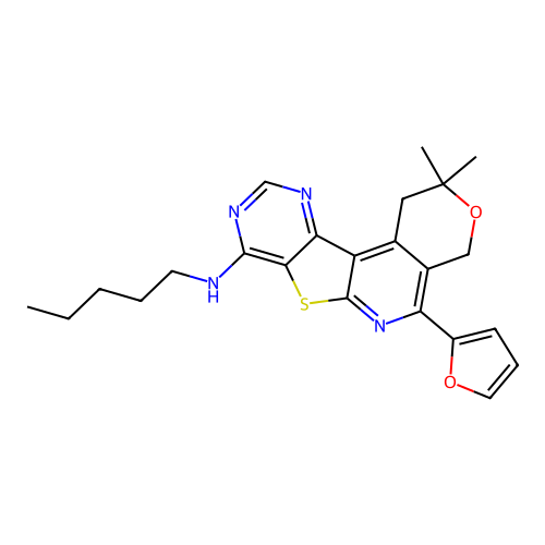 5-(furan-2-yl)-2,2-dimethyl-N-pentyl-1,4-dihydro-2H-pyrano[4'',3'':4',5']pyrido[3',2':4,5]thieno[3,2-d]pyrimidin-8-amine structure