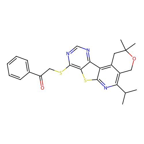 2-((5-isopropyl-2,2-dimethyl-2,4-dihydro-1H-pyrano[4'',3'':4',5']pyrido[3',2':4,5]thieno[3,2-d]pyrimidin-8-yl)thio)-1-phenylethanone structure