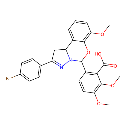 6-(2-(4-bromophenyl)-7-methoxy-5,10b-dihydro-1H-benzo[e]pyrazolo[1,5-c][1,3]oxazin-5-yl)-2,3-dimethoxybenzoic acid structure