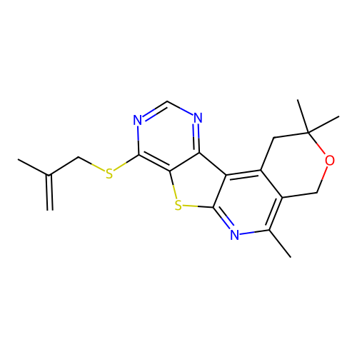 2,2,5-trimethyl-8-((2-methylallyl)thio)-2,4-dihydro-1H-pyrano[4'',3'':4',5']pyrido[3',2':4,5]thieno[3,2-d]pyrimidine structure