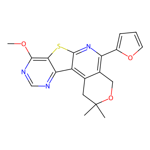 5-(furan-2-yl)-8-methoxy-2,2-dimethyl-1,4-dihydro-2H-pyrano[4'',3'':4',5']pyrido[3',2':4,5]thieno[3,2-d]pyrimidine structure