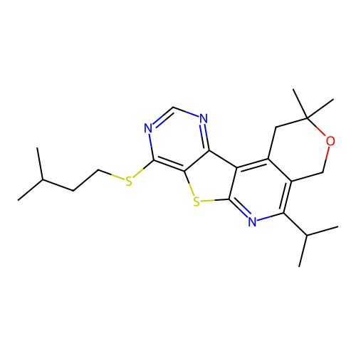 2,2-dimethyl-8-[(3-methylbutyl)sulfanyl]-5-(propan-2-yl)-1,4-dihydro-2H-pyrano[4'',3'':4',5']pyrido[3',2':4,5]thieno[3,2-d]pyrimidine structure