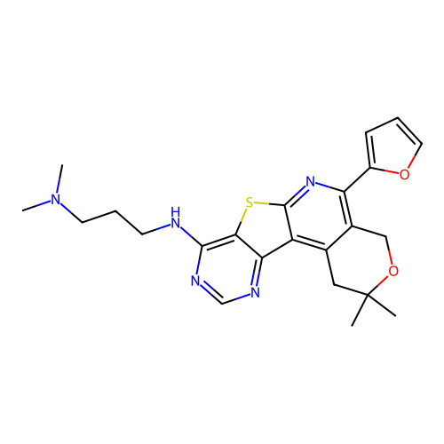 N'-[5-(2-furyl)-2,2-dimethyl-1,4-dihydro-2H-pyrano[4'',3'':4',5']pyrido[3',2':4,5]thieno[3,2-d]pyrimidin-8-yl]-N,N-dimethylpropane-1,3-diamine structure