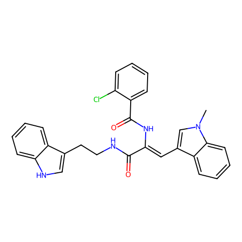 (Z)-N-(3-((2-(1H-indol-3-yl)ethyl)amino)-1-(1-methyl-1H-indol-3-yl)-3-oxoprop-1-en-2-yl)-2-chlorobenzamide structure