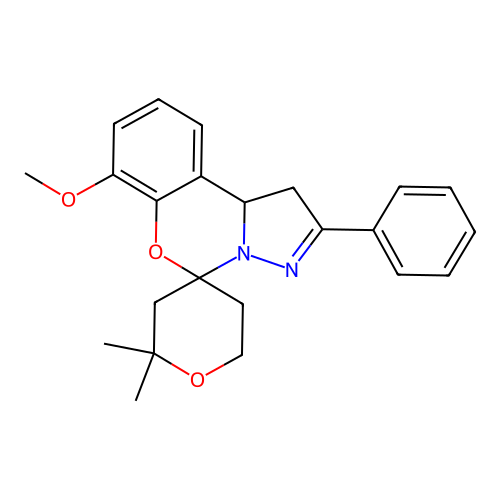 7'-methoxy-2,2-dimethyl-2'-phenyl-1',2,3,5,6,10b'-hexahydrospiro[pyran-4,5'-pyrazolo[1,5-c][1,3]benzoxazine] structure