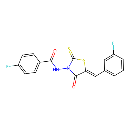 (Z)-4-fluoro-N-(5-(3-fluorobenzylidene)-4-oxo-2-thioxothiazolidin-3-yl)benzamide structure