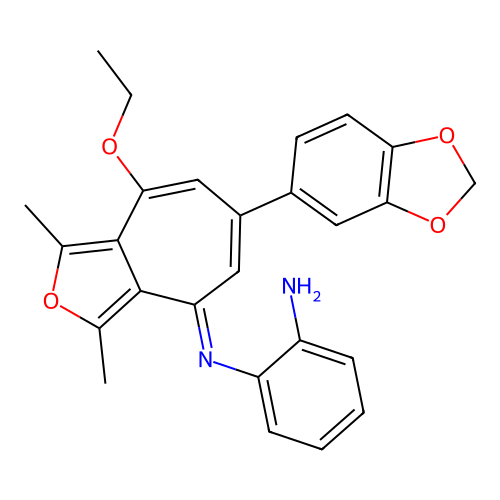 (E)-N1-(6-(benzo[d][1,3]dioxol-5-yl)-8-ethoxy-1,3-dimethyl-4H-cyclohepta[c]furan-4-ylidene)benzene-1,2-diamine structure
