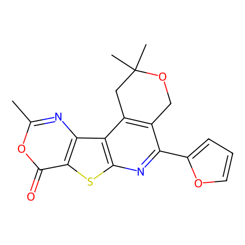 5-(furan-2-yl)-2,2,10-trimethyl-1,2-dihydropyrano[4'',3'':4',5']pyrido[3',2':4,5]thieno[3,2-d][1,3]oxazin-8(4H)-one structure