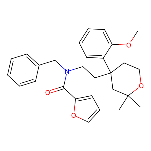 N-benzyl-N-[2-[4-(2-methoxyphenyl)-2,2-dimethyl-oxan-4-yl]ethyl]furan-2-carboxamide structure