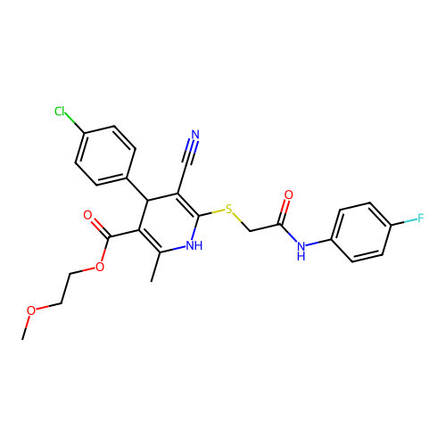 2-methoxyethyl 4-(4-chlorophenyl)-5-cyano-6-((2-((4-fluorophenyl)amino)-2-oxoethyl)thio)-2-methyl-1,4-dihydropyridine-3-carboxylate structure