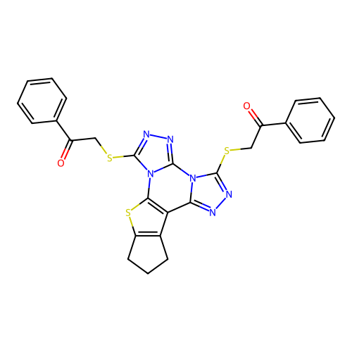 2,2'-((11,12-dihydro-10H-cyclopenta[4,5]thieno[3,2-e]bis([1,2,4]triazolo)[4,3-a:4',3'-c]pyrimidine-3,7-diyl)bis(sulfanediyl))bis(1-phenylethanone) structure