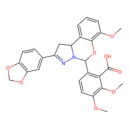 6-(2-(benzo[d][1,3]dioxol-5-yl)-7-methoxy-5,10b-dihydro-1H-benzo[e]pyrazolo[1,5-c][1,3]oxazin-5-yl)-2,3-dimethoxybenzoic acid structure
