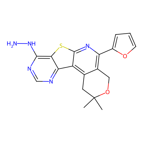 5-(furan-2-yl)-8-hydrazinyl-2,2-dimethyl-1,4-dihydro-2H-pyrano[4'',3'':4',5']pyrido[3',2':4,5]thieno[3,2-d]pyrimidine structure