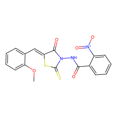 (Z)-N-(5-(2-methoxybenzylidene)-4-oxo-2-thioxothiazolidin-3-yl)-2-nitrobenzamide structure
