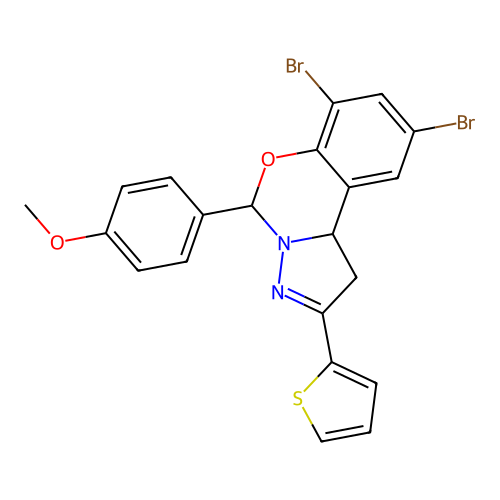 7,9-dibromo-5-(4-methoxyphenyl)-2-(thiophen-2-yl)-1,10b-dihydropyrazolo[1,5-c][1,3]benzoxazine structure