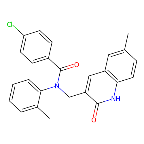4-chloro-N-[(6-methyl-2-oxo-1H-quinolin-3-yl)methyl]-N-(2-methylphenyl)benzamide structure