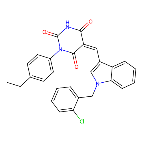 (Z)-5-((1-(2-chlorobenzyl)-1H-indol-3-yl)methylene)-1-(4-ethylphenyl)pyrimidine-2,4,6(1H,3H,5H)-trione structure