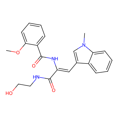 (Z)-N-(3-((2-hydroxyethyl)amino)-1-(1-methyl-1H-indol-3-yl)-3-oxoprop-1-en-2-yl)-2-methoxybenzamide structure