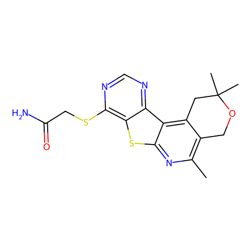 2-((2,2,5-trimethyl-2,4-dihydro-1H-pyrano[4'',3'':4',5']pyrido[3',2':4,5]thieno[3,2-d]pyrimidin-8-yl)thio)acetamide structure
