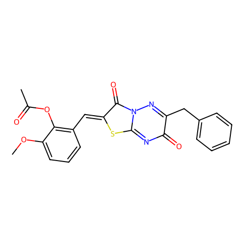 (Z)-2-((6-benzyl-3,7-dioxo-3,7-dihydro-2H-thiazolo[3,2-b][1,2,4]triazin-2-ylidene)methyl)-6-methoxyphenyl acetate structure