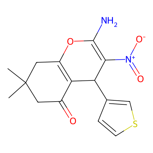 2-amino-7,7-dimethyl-3-nitro-4-(thiophen-3-yl)-7,8-dihydro-4H-chromen-5(6H)-one structure