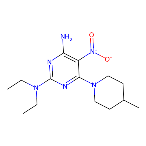 [4-Amino-6-(4-methylpiperidyl)-5-nitropyrimidin-2-yl]diethylamine structure