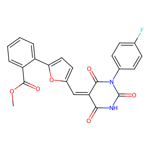 (Z)-methyl 2-(5-((1-(4-fluorophenyl)-2,4,6-trioxotetrahydropyrimidin-5(2H)-ylidene)methyl)furan-2-yl)benzoate structure