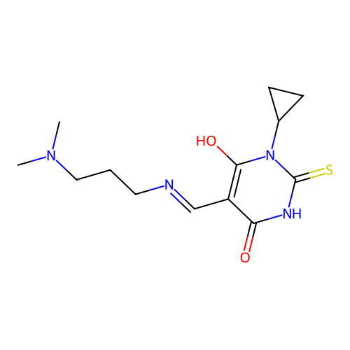 (E)-1-cyclopropyl-5-(((3-(dimethylamino)propyl)amino)methylene)-2-thioxodihydropyrimidine-4,6(1H,5H)-dione structure