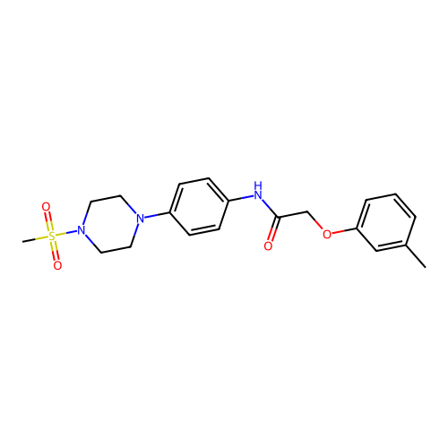 2-(3-methylphenoxy)-N-[4-(4-methylsulfonyl-1-piperazinyl)phenyl]acetamide structure