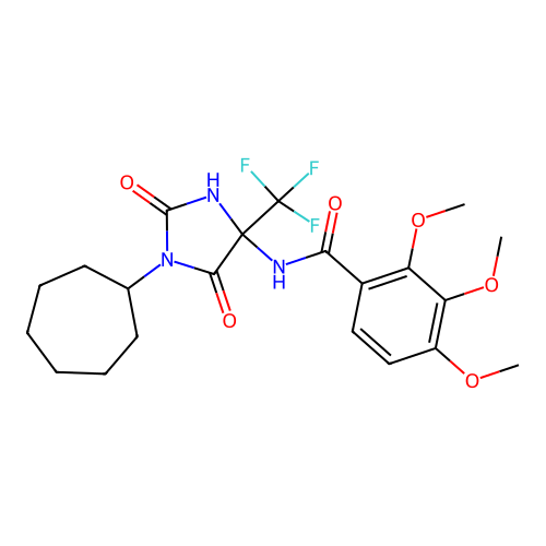 N-(1-cycloheptyl-2,5-dioxo-4-(trifluoromethyl)imidazolidin-4-yl)-2,3,4-trimethoxybenzamide structure