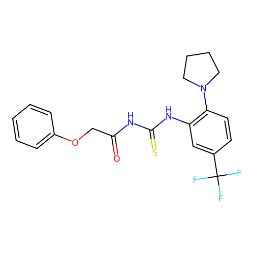 2-phenoxy-N-((2-(pyrrolidin-1-yl)-5-(trifluoromethyl)phenyl)carbamothioyl)acetamide structure