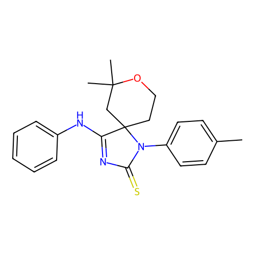 (Z)-7,7-dimethyl-4-(phenylimino)-1-(p-tolyl)-8-oxa-1,3-diazaspiro[4.5]decane-2-thione structure