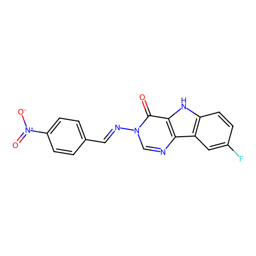 (E)-8-fluoro-3-((4-nitrobenzylidene)amino)-3H-pyrimido[5,4-b]indol-4(5H)-one structure