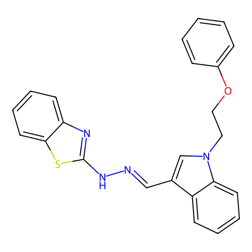 N-[[1-(2-phenoxyethyl)indol-3-yl]methylideneamino]benzothiazol-2-amine structure