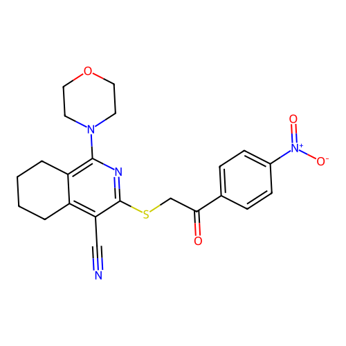 1-(morpholin-4-yl)-3-{[2-(4-nitrophenyl)-2-oxoethyl]sulfanyl}-5,6,7,8-tetrahydroisoquinoline-4-carbonitrile structure