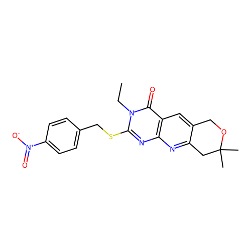 3-ethyl-8,8-dimethyl-2-((4-nitrobenzyl)thio)-8,9-dihydro-3H-pyrano[3',4':5,6]pyrido[2,3-d]pyrimidin-4(6H)-one structure