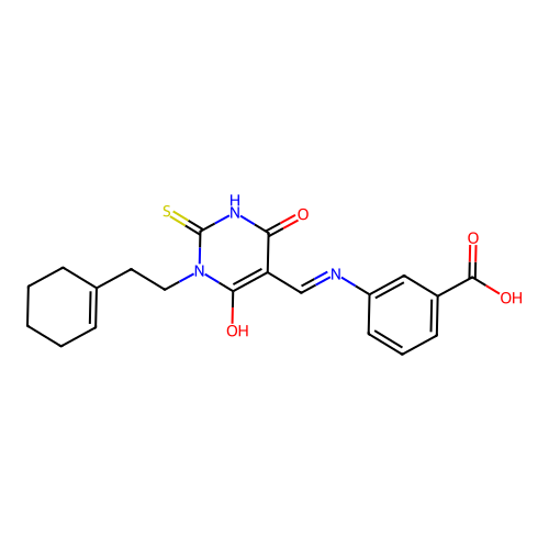 (E)-3-(((1-(2-(cyclohex-1-en-1-yl)ethyl)-4,6-dioxo-2-thioxotetrahydropyrimidin-5(2H)-ylidene)methyl)amino)benzoic acid structure