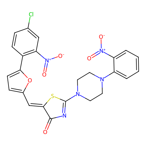 (5Z)-5-[[5-(4-chloro-2-nitrophenyl)furan-2-yl]methylidene]-2-[4-(2-nitrophenyl)piperazin-1-yl]-1,3-thiazol-4-one structure