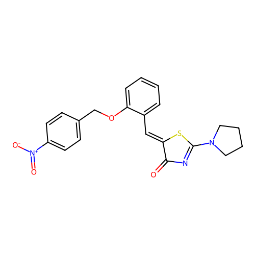 (Z)-5-(2-((4-nitrobenzyl)oxy)benzylidene)-2-(pyrrolidin-1-yl)thiazol-4(5H)-one structure