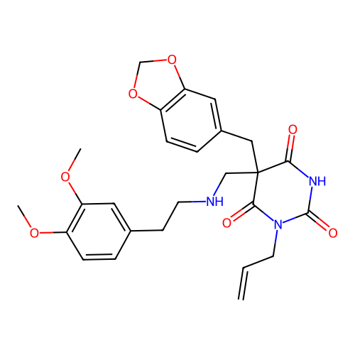 1-allyl-5-(benzo[d][1,3]dioxol-5-ylmethyl)-5-(((3,4-dimethoxyphenethyl)amino)methyl)pyrimidine-2,4,6(1H,3H,5H)-trione structure