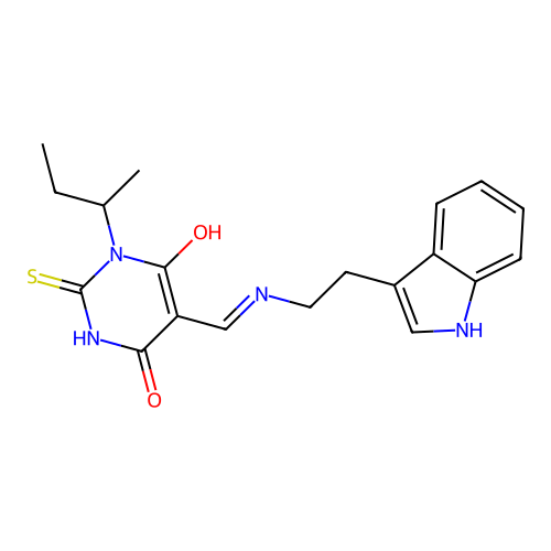 1-butan-2-yl-5-[[2-(1H-indol-3-yl)ethylamino]methylidene]-2-sulfanylidene-1,3-diazinane-4,6-dione structure