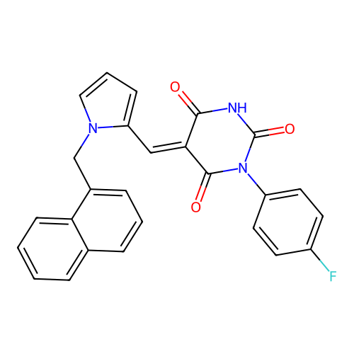 (5E)-1-(4-fluorophenyl)-5-[[1-(naphthalen-1-ylmethyl)pyrrol-2-yl]methylidene]-1,3-diazinane-2,4,6-trione structure