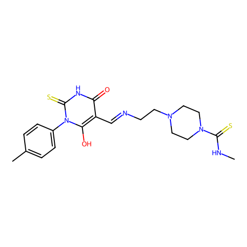 (E)-4-(2-(((4,6-dioxo-2-thioxo-1-(p-tolyl)tetrahydropyrimidin-5(2H)-ylidene)methyl)amino)ethyl)-N-methylpiperazine-1-carbothioamide structure