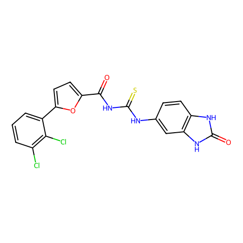 5-(2,3-dichlorophenyl)-N-((2-oxo-2,3-dihydro-1H-benzo[d]imidazol-5-yl)carbamothioyl)furan-2-carboxamide structure