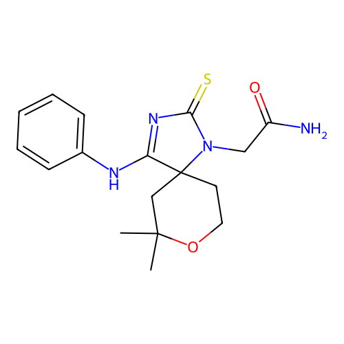 (Z)-2-(7,7-dimethyl-4-(phenylimino)-2-thioxo-8-oxa-1,3-diazaspiro[4.5]decan-1-yl)acetamide structure
