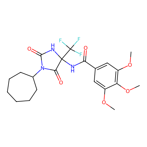 N-(1-cycloheptyl-2,5-dioxo-4-(trifluoromethyl)imidazolidin-4-yl)-3,4,5-trimethoxybenzamide structure