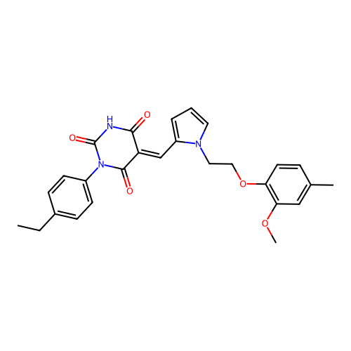 (5E)-1-(4-ethylphenyl)-5-({1-[2-(2-methoxy-4-methylphenoxy)ethyl]-1H-pyrrol-2-yl}methylidene)pyrimidine-2,4,6(1H,3H,5H)-trione structure