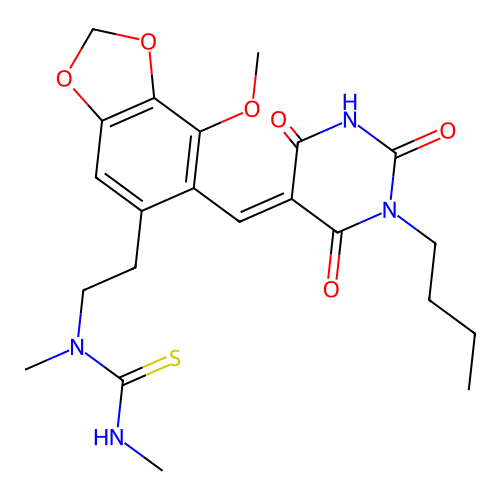 (E)-1-(2-(6-((1-butyl-2,4,6-trioxotetrahydropyrimidin-5(2H)-ylidene)methyl)-7-methoxybenzo[d][1,3]dioxol-5-yl)ethyl)-1,3-dimethylthiourea structure