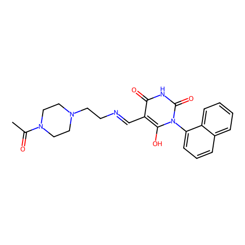 (E)-5-(((2-(4-acetylpiperazin-1-yl)ethyl)amino)methylene)-1-(naphthalen-1-yl)pyrimidine-2,4,6(1H,3H,5H)-trione structure