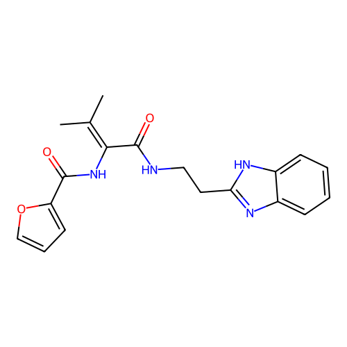 N-(1-((2-(1H-benzo[d]imidazol-2-yl)ethyl)amino)-3-methyl-1-oxobut-2-en-2-yl)furan-2-carboxamide structure